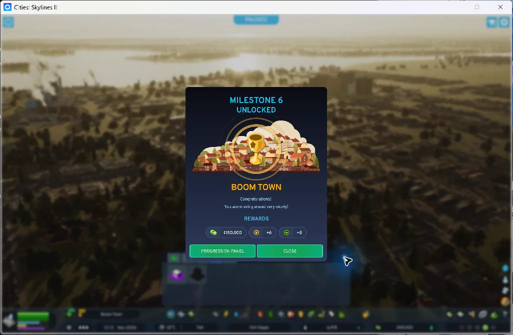 Boom Town unlocked: the milestone reward made the planned land purchase affordable.