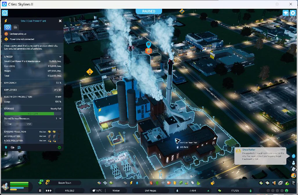 The coal plant still shows garbage piling up and a separate power-line connection warning, despite its nearly full fuel store.