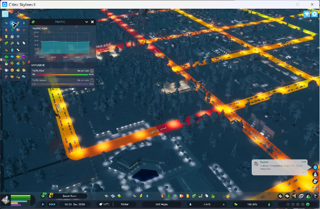 The morning traffic overlay still marks the Spring Street junction as slow. The road change did not establish that congestion was solved.