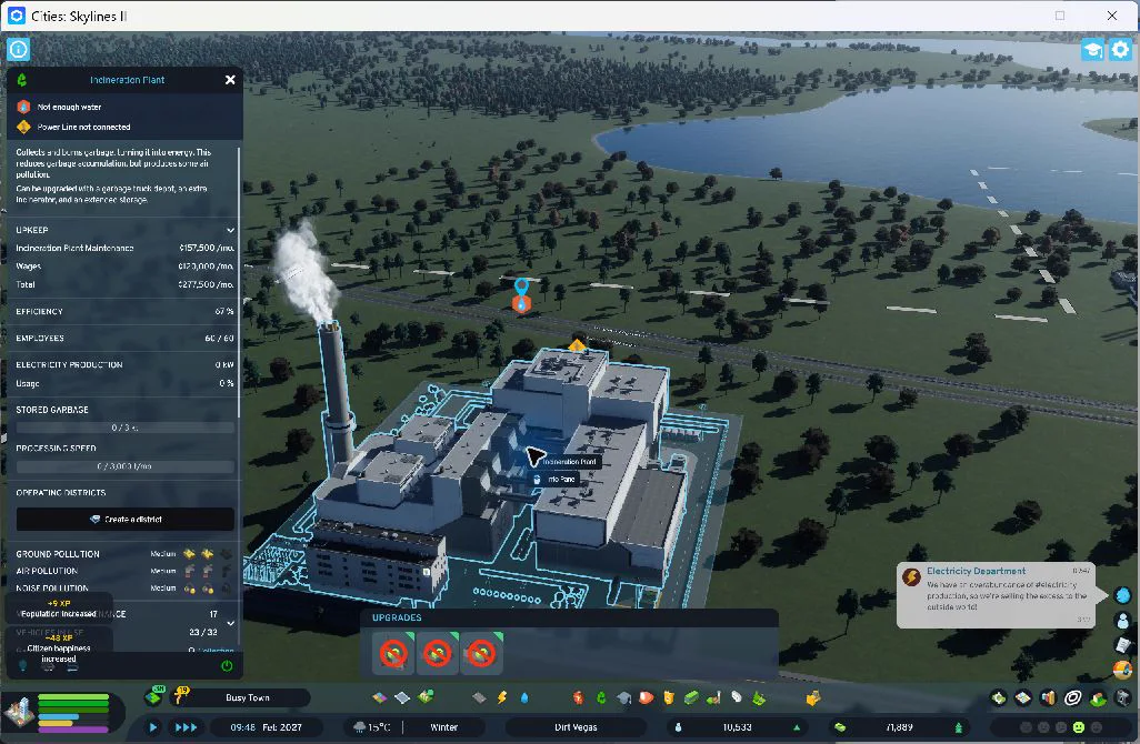 18:04 — The building panel reports “Not enough water” and “Power Line not connected.” It has 60 staff but no stored garbage or electricity generation in this early snapshot. These are startup readings, not the final operating figures.