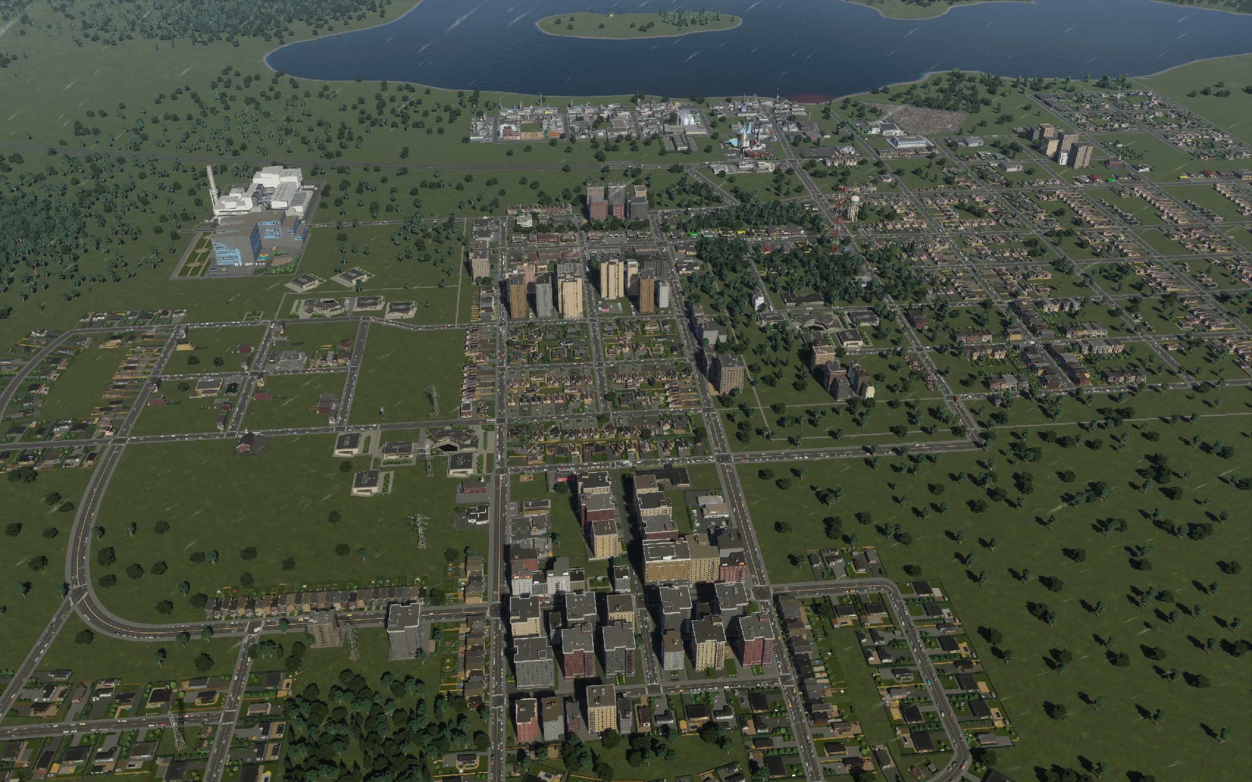 The closing city overview. New housing and services occupy the existing street grid.