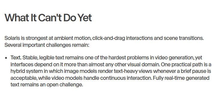 Runway's Solaris announcement — 'What It Can't Do Yet' section on stable, legible text in video generation
